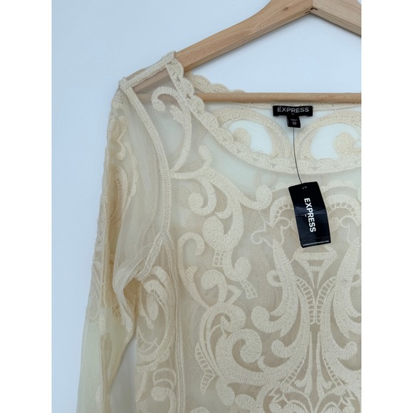 Romantic Boho Ivory Lace Mesh Top Long Sleeve Sheer Embroidered XS - NWT - Picture 2 of 7